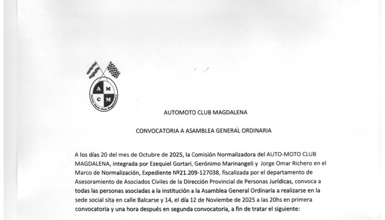 El Auto-Moto Club Magdalena convoca a Asamblea General Ordinaria