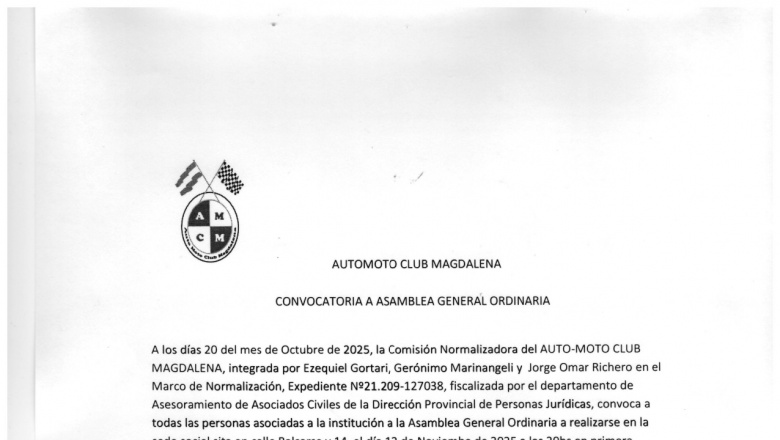 El Auto-Moto Club Magdalena convoca a Asamblea General Ordinaria