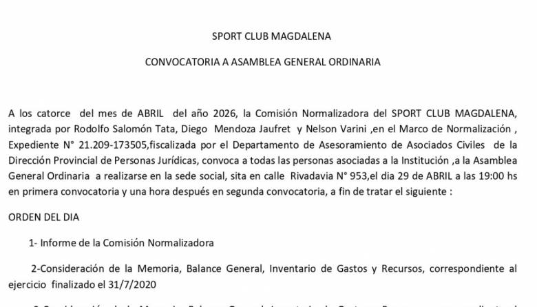 Sport Club Magdalena convocó a asamblea ordinaria para el 29 de abril