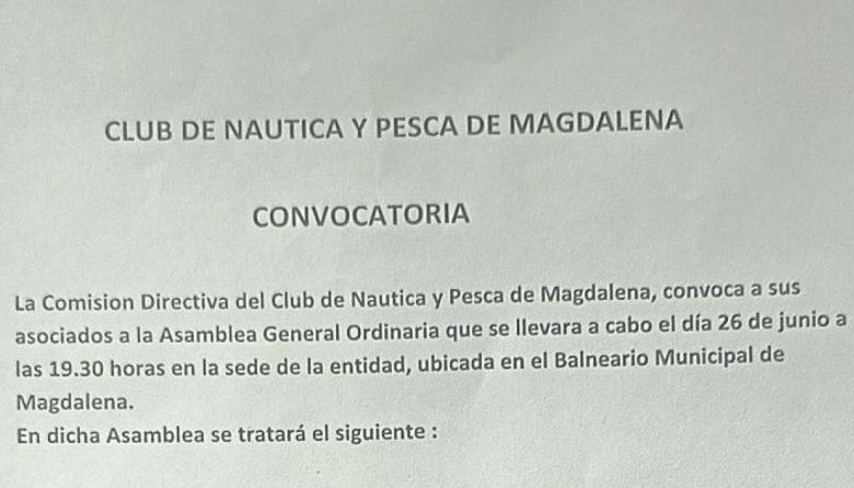 El Club de Náutica y Pesca de Magdalena realizará su Asamblea General Ordinaria