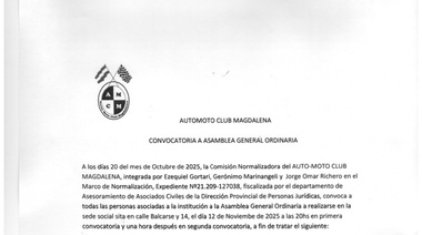 El Auto-Moto Club Magdalena convoca a Asamblea General Ordinaria