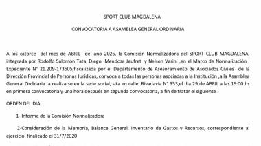 Sport Club Magdalena convocó a asamblea ordinaria para el 29 de abril
