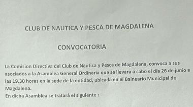 El Club de Náutica y Pesca de Magdalena realizará su Asamblea General Ordinaria